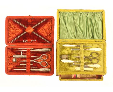 Two late 19th Century small format sewing companions comprising a rust coloured plush rectangular example with gilt floral sp