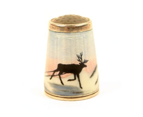 A Norwegian silver and enamel stone top thimble by Alex Holmsen, with a frieze of a Sami in a sled being pulled by a reindeer