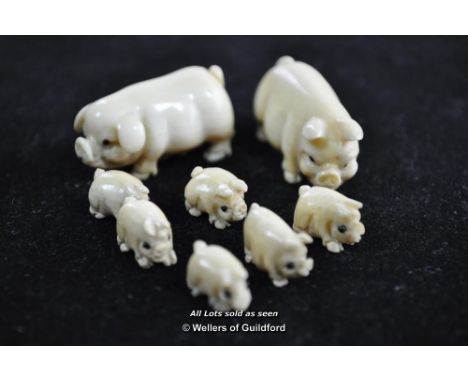 19th Century carved ivory family group of pigs comprising boar, sow and six piglets, the largest 3cm long.