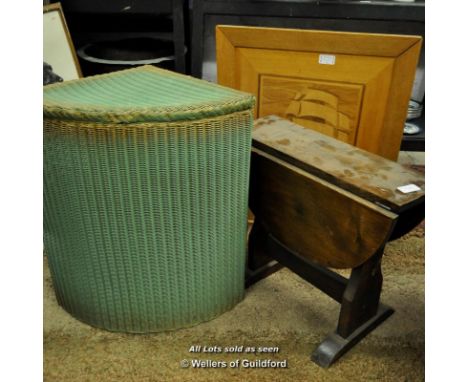 Small oak dropleaf occasional table, Lloyd Loom corner linen basket, parquetry firescreen (3)
