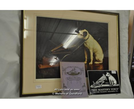 HMV print of Nipper; Nipper enamel sign, booklet 'The Story of Nipper and the HMV picture'