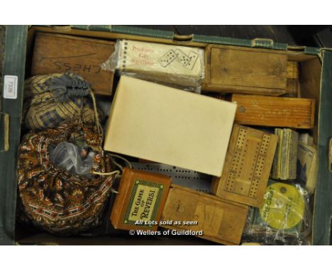 Vintage games including playing cards, cribbage boards, small chess sets, marbles, etc.