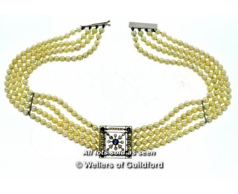*Vintage pearl, sapphire and diamond choker necklace, three rows of cultured pearls with a central square openwork design, se