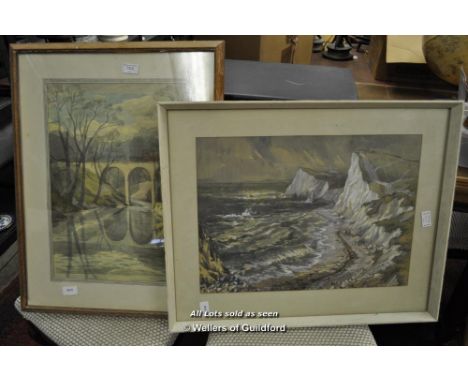 *Michael Cadman, watercolour, bridge across a stream, signed and dated 1950, 48 x 33cm; another by the same hand, seascape, s