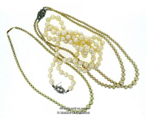 *Freshwater pearl necklace, length 93cm, a vintage simulated two row pearl necklace, length 40cm, and a single strand vintage
