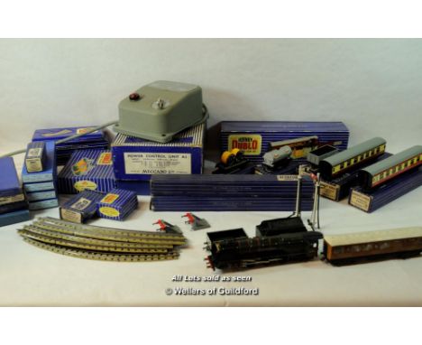 Hornby Dublo: T.P.O. Mail Van Set, 2 x D12 Corridor Coaches, Two Water Cranes, Low Sided Wagon D1, Petrol Tank Wagon D1 "Esso