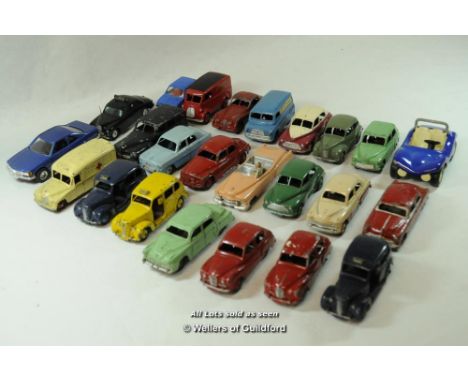 A quantity of Dinky Toys: 40H Austin Taxi (x3), 164 Vauxhall Cresta, Morris Oxford, 157 Jaguar, 131 Cadillac Eldorado, 162 Fo