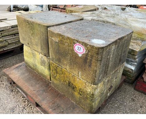 X4 Large Yorkstone gate bases in square form, each measures approx. 57.5 l x 57 w x 33cm h