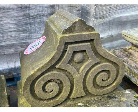 Stone pier cap with Celtic style engraving, measures 41 h x 44 w x 22.5cm d