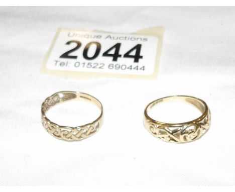 Two Celtic style 9ct gold rings, open work bands, hall marked. both size N.