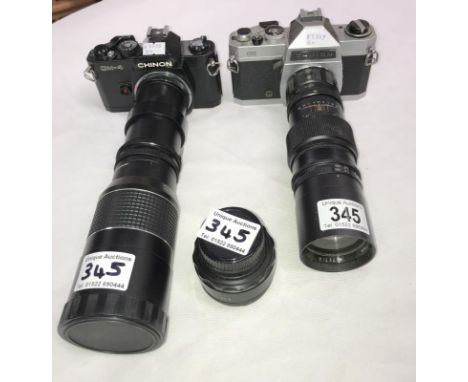 A Chinon CM-4 camera, Chinon CS camera with lenses, Optomax 1:45 f=200mm, Optomax 1:5.6 f=300mm &amp; Helios-44-2 2/58