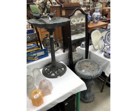 2 garden bird baths - one painted concrete and one plastic
