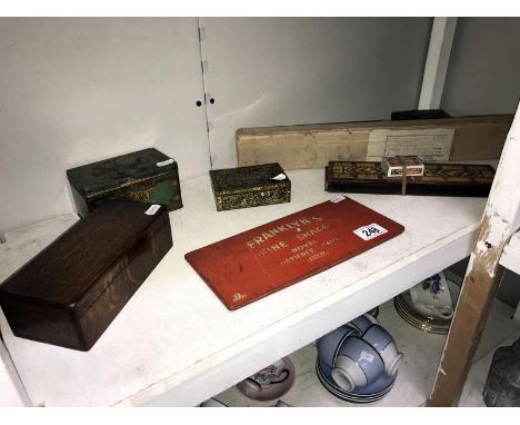 A quantity of old tins including Franklyn's Fine Shagg etc. including boxed Solo rapid spraying syringe garden sprayer