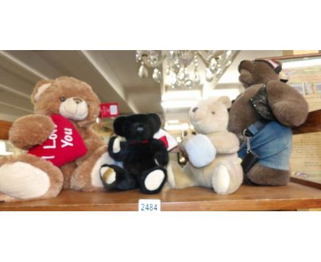 4 collector's bears - Franklin MInt Heirloom bear Harley Davidson, Merrythought black bear, Gund Classic Pooh bear and Keel t