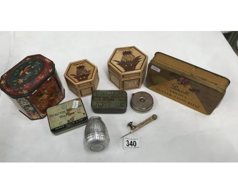 A quantity of various old advertising tins, an old imperial tape measure &amp; a brass drawing compass in a leatherette box