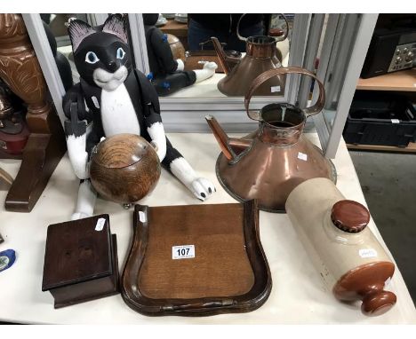 A 1930's oak ball tea caddy, a crumb tray box, a copper kettle, stoneware, footwarmer etc.