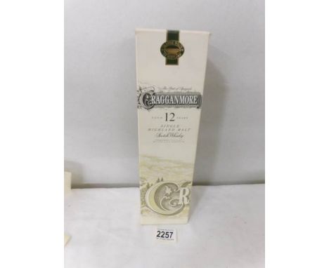 A boxed bottle of Cragganmore 12 year old single highland malt Scotch whisky.