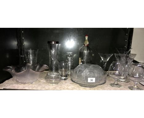 A shelf of glassware including fruit set, shipstone soda syphon etc.