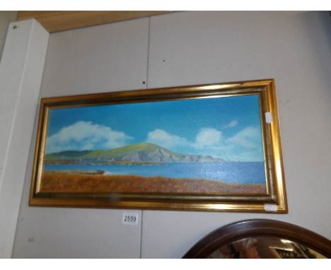 A W. Reid Irish school oil on board seascape with hills entitled 'Achill Island, Co.Mayo' framed.