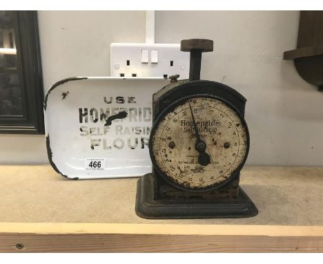 A 1920's homepride kitchen scales with advertising enamel pan