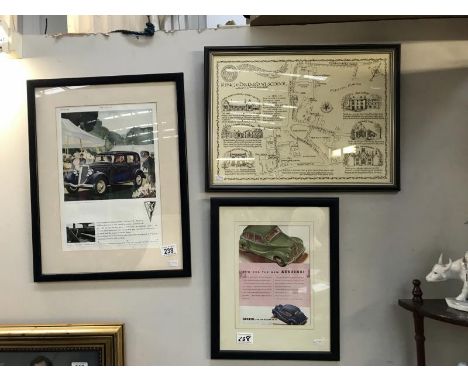 2 framed and glazed vintage car adverts (June 1934 The Field for Ford V-8 and Austin A40) and a framed and glazed collage on 