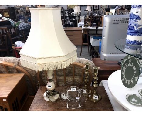 A table lamp, a pair of brass candlesticks and a glass commemorative plate for the new Bishop of Lincoln