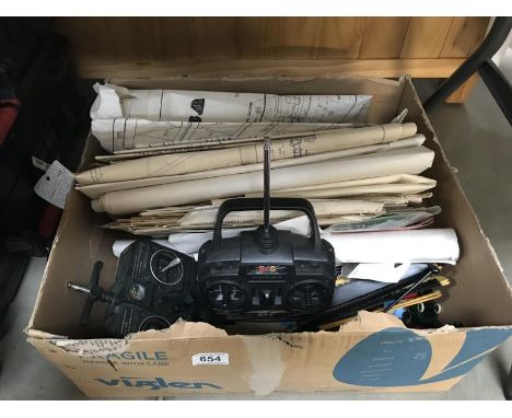 2 remote control radio transmitters including 4 channel Acoms AP-435 along with flying model plans &amp; die cast toys etc.
