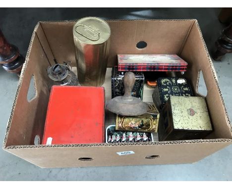 A quantity of old tins, bed warmer and an old tinned Parasene lamp
