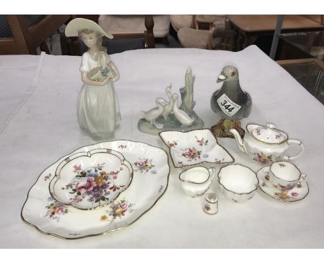 A Beswick pigeon, Nao lady with basket of flowers, a geese group figurine, Royal Crown Derby miniature tea set for one &amp; 