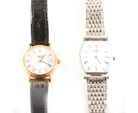 Longines - a lady's gold-plated wrist watch, white roman numeral dial with centre seconds hand and date aperture, 21mm case, 