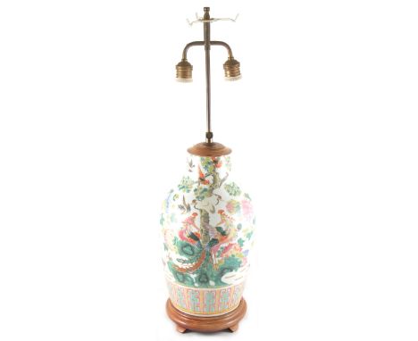 A Chinese polychrome vase, reduced in height, serving as a lamp base, 39cm excluding fittings.