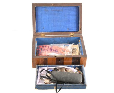 A vintage jewel box with silver and costume jewellery, paste set jewellery, marcasite broches, Terrier brooch, a silver sweet