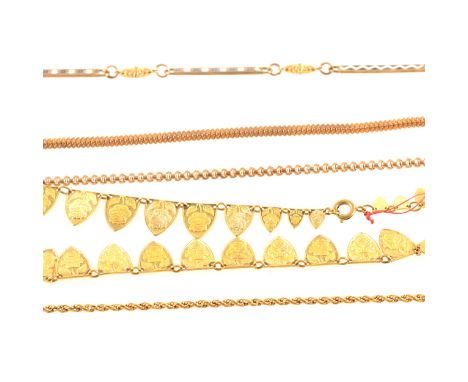 A gilt metal Victorian guard chain, 2.7mm square section chain 135cms long, fitted with a swivel fastener, a gilt metal neckl