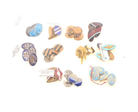 Eleven pairs of enamelled chain link cufflinks in a Finnagans of Liverpool/Manchester velvet lined jewel box, the cufflinks s