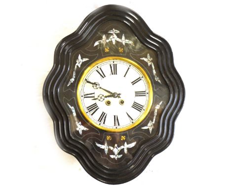 A French papier-mache and ebonised wall clock, moulded shaped lozenge form case, housing a white circular dial with Roman num