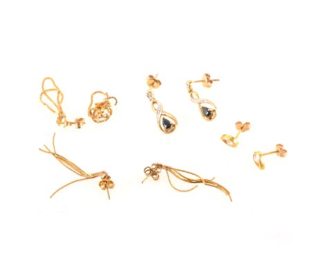 Four pairs of earrings for pierced ears, chain link drops, synthetic white stone studs, blue stone drops.