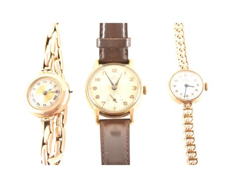 Three gold watches, a gentleman's Smiths watch with circular cream arabic dial with subsidiary seconds dial in a 30mm 9 carat
