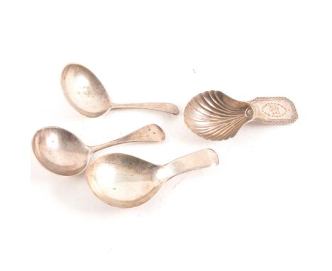 George III silver caddy spoon, Richard Crossley, London 1789, scallop bowl; three other silver caddy spoons.