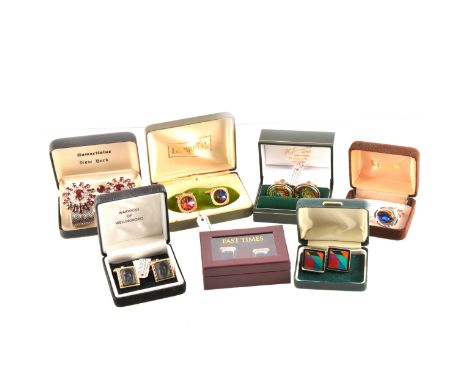 Thirteen pairs of ornate vintage cufflinks, a pair of Samaritaine of New York red and white paste cufflinks and tie stud in o