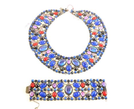 Alice Caviness - a vintage necklace and bracelet suite, circa 1960, the antiqued closed back setting set with blue, red and l