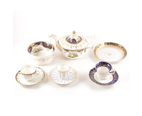 An English porcelain teapot, circa 1830, painted with vignettes, 18cm, matching sugar basin; and other teaware.