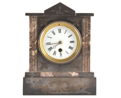 A Victorian slate and marble mantel clock, architectural form with a circular enamelled dial, 27cm.