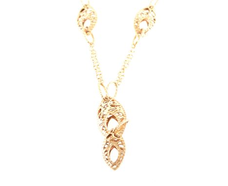A suite of 9 carat gold jewellery, a fine trace link chain with two strands to front supporting pierced lozenge shape section