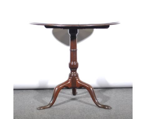 Georgian mahogany pedestal table, adapted, circular tilt top, ringed column, tripod legs, diameter 78cm, height 70cm, badly s