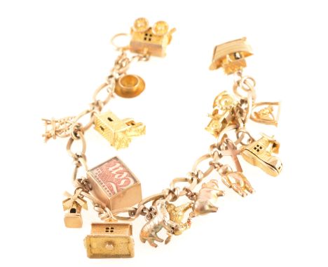A 9 carat yellow gold charm bracelet with sixteen charms, the alternating long and short curb links fitted with a bolt ring f
