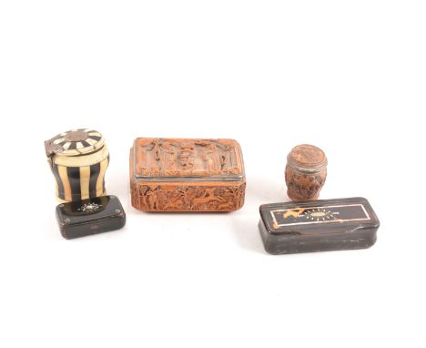 A Scottish ebony and bone snuff mull, engraved crest and motto, 7cm; a Victorian horn and mother of pearl snuff box; a Victor