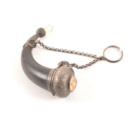 A Scottish horn snuff mull, white metal mounts, cover and chain, inlaid clear backed crystal to top and bottom, 8cm.