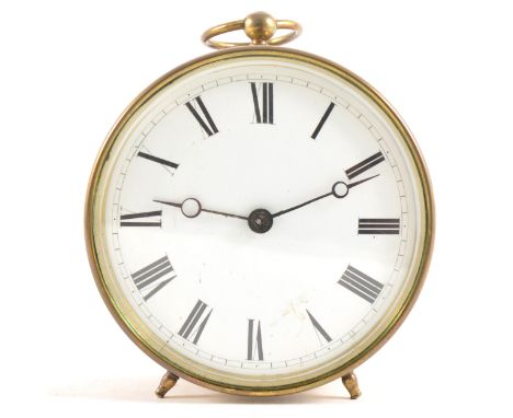 A brass drum-cased clock, white enamelled dial, 11cm.