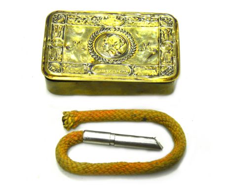 Queen Mary Tobacco Box with Asprey Tinder Lighter, Best Wishes card and photograph, the lighter bears the "M warrant, Xmas Fu