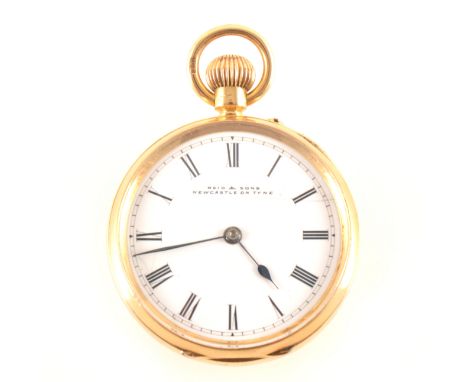 An 18 carat yellow gold open face fob watch, the white enamel dial named Reid &amp; Sons Newcastle on Tyne having a roman num